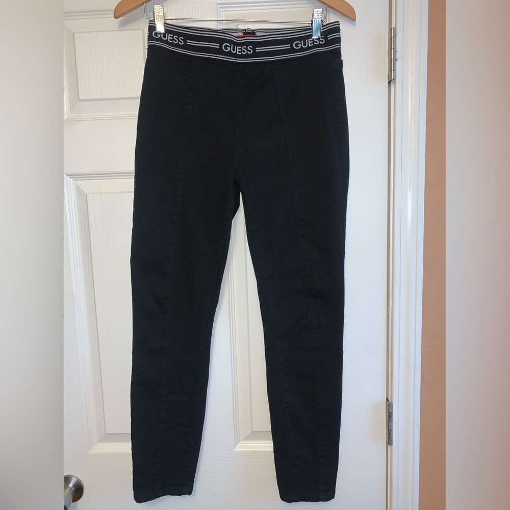 GUESS Logo Elastic Band Stretch Skinny Jeans Jeggings Pants In Black, Large